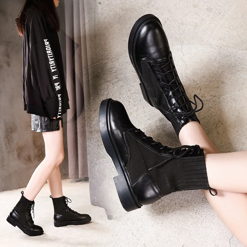 

Spring And Autumn INS Short Boots Versatile Martin Boots Women's British-Style Lace-up round-Toe Black And White with Pattern 20