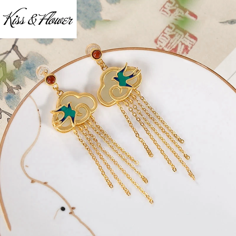 

KISS&FLOWER ER296 Fine Jewelry Wholesale Fashion Woman Bride Girl Mother Birthday Wedding Gift Swallow 24KT Gold Stud Earring