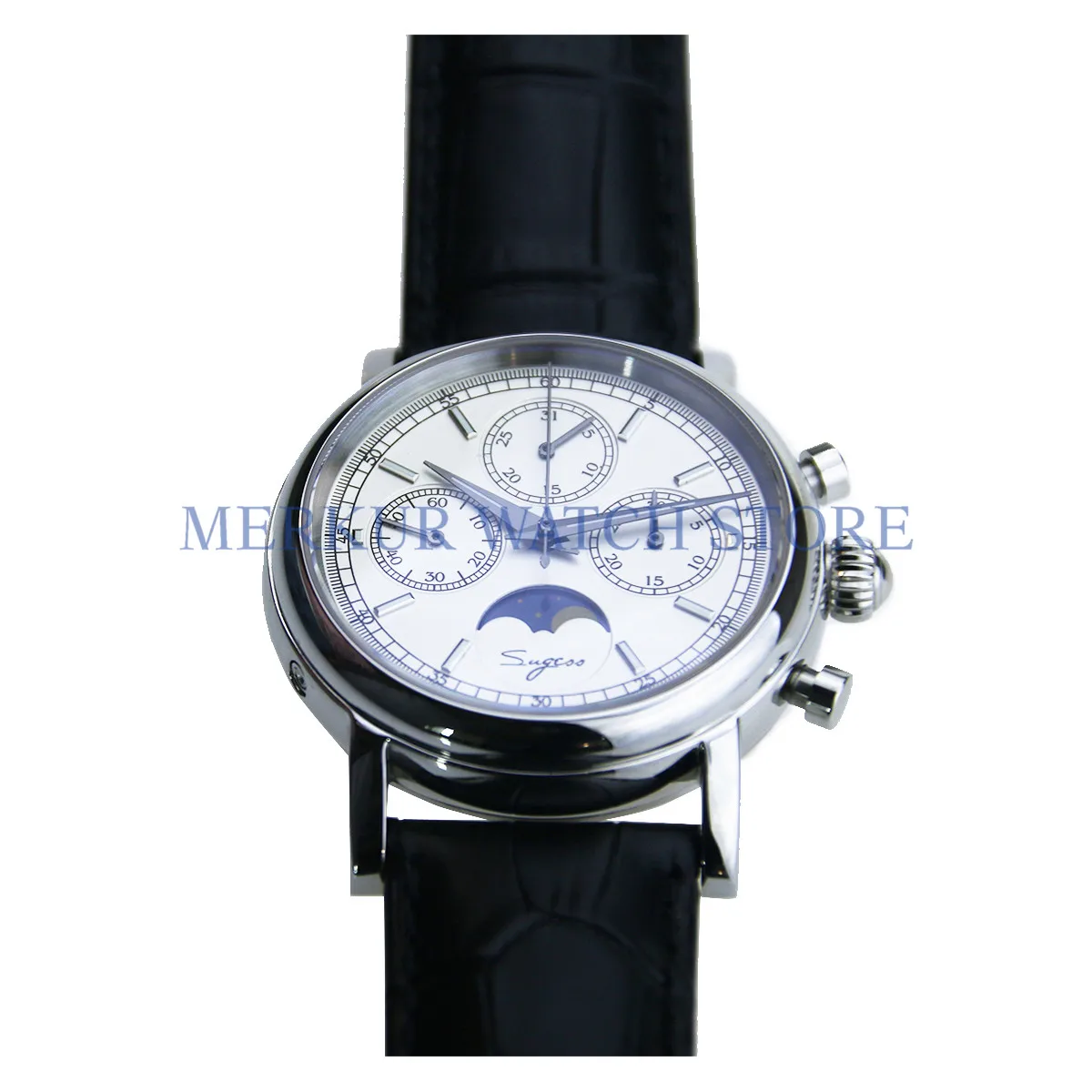 Sugess люминесцентное платье Роскошные Чайка движение Moonphase календарь механические мужские часы с хронографом