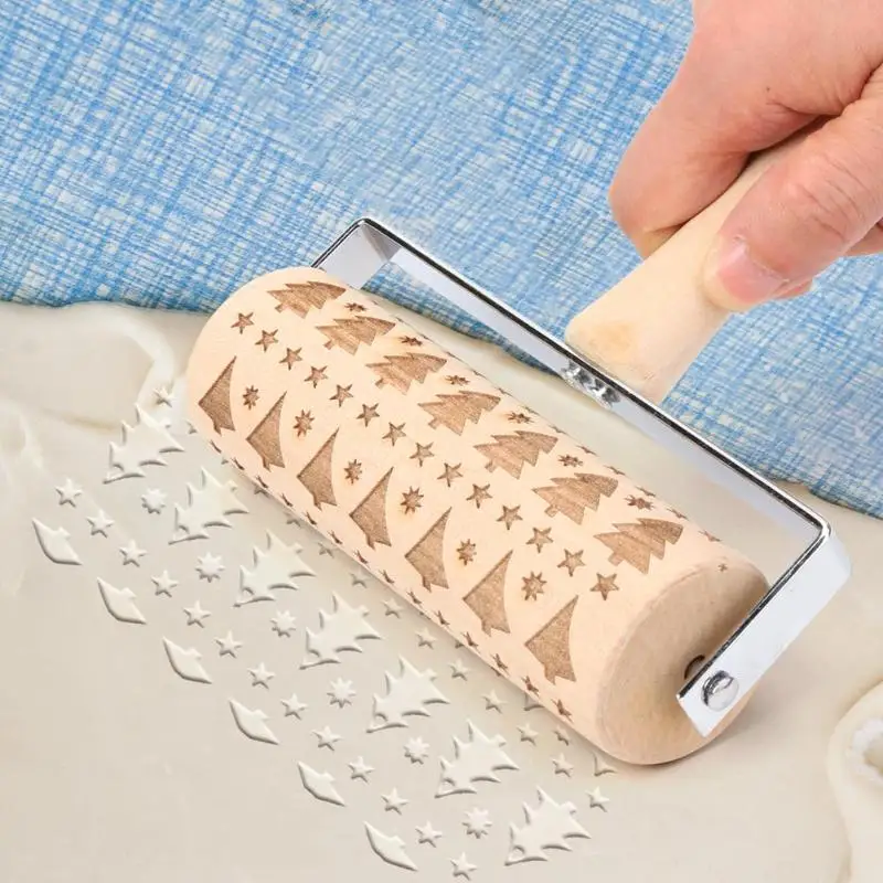 

Durable Embossed Rolling Pins Lotus Wooden Christmas Snowflake Elk Patterns Embossing Baking Cookies Biscuit Bakeware