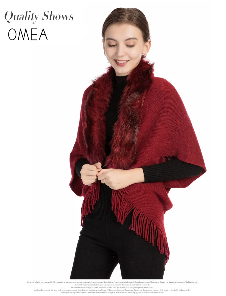 OMEA Fur Collar Poncho Women Winter Knitted Pullover Poncho with Tassel Women Shawl Solid Color Female Ponchos and Capes Ladies