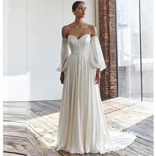 

Simple A Line Slik Chiffon&Satin Wedding Dresses Sweetheart Long Puff Sleeves Sweep Train Bridal Gowns Formal For Woman Dress
