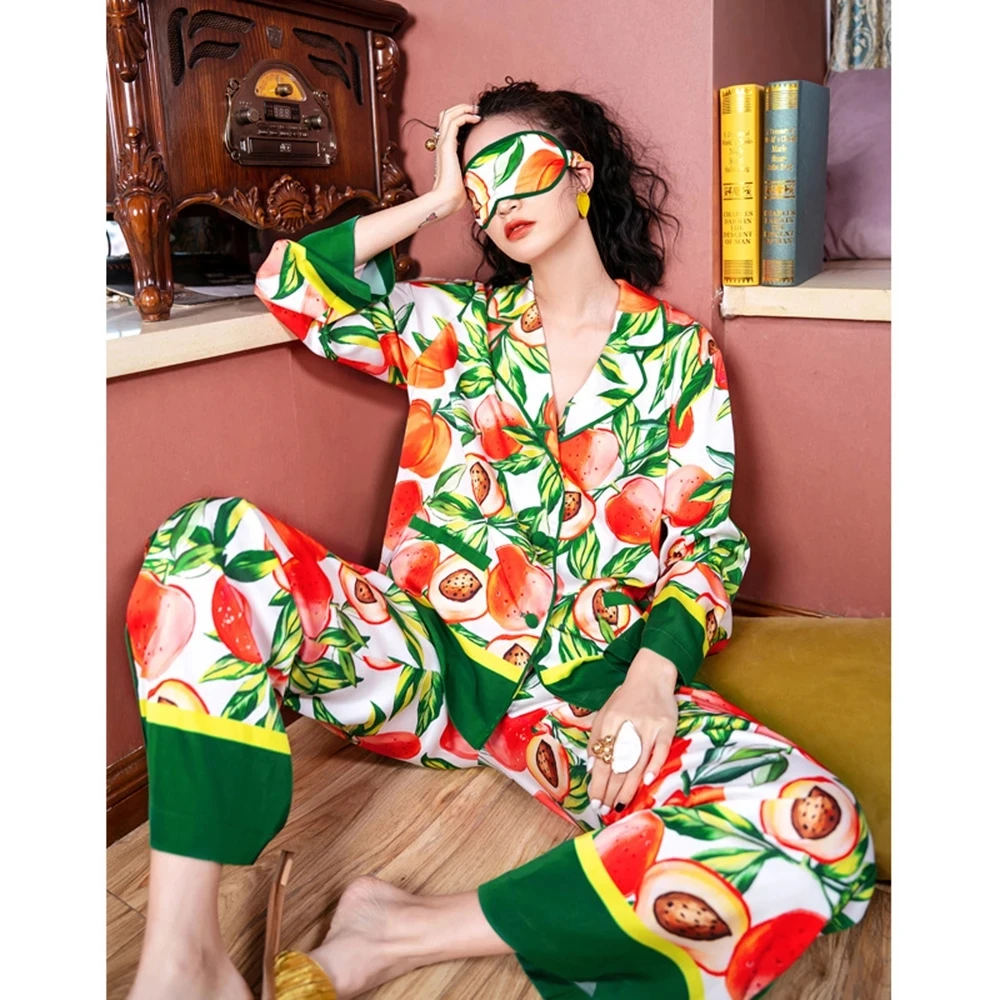 2021 Spring Autumn Turn-down Collar Tropical Printed Silk Satin Pajamas Set Sleepwear Loungewear for Women Pyjama Femme 2 Pieces