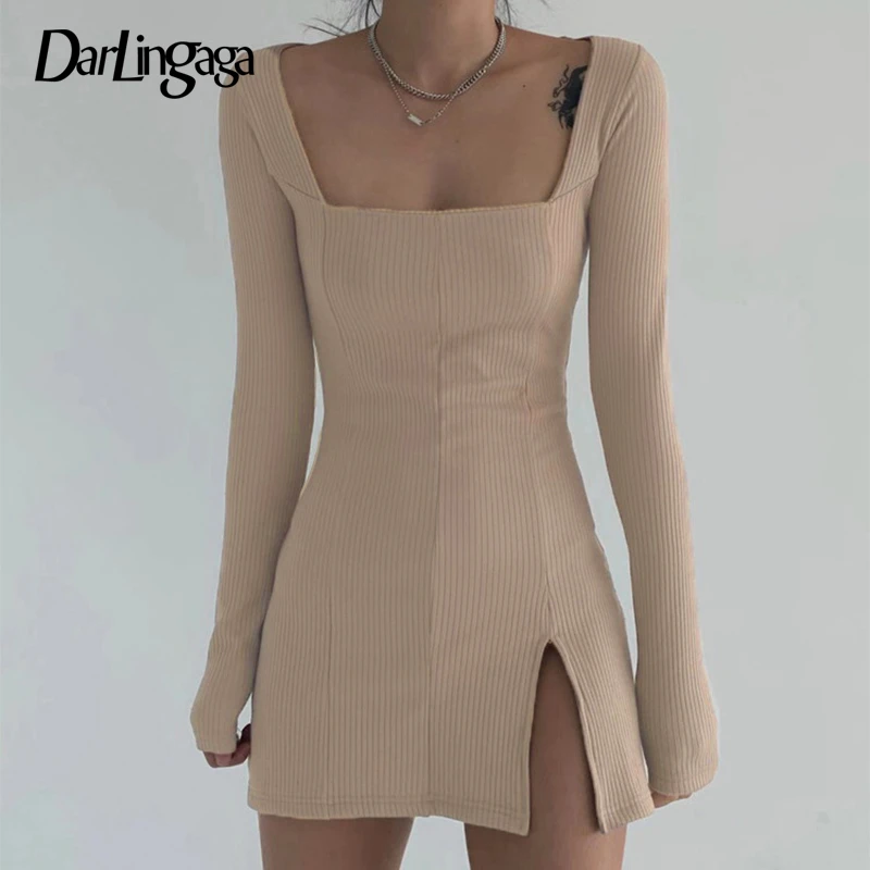 Darlingaga Elegant Square Neck Ribbed Black Dress Female Knitted Side Split Bodycon Dress Long Sleeve Fashion Mini Dresses Basic homecoming dresses 2021