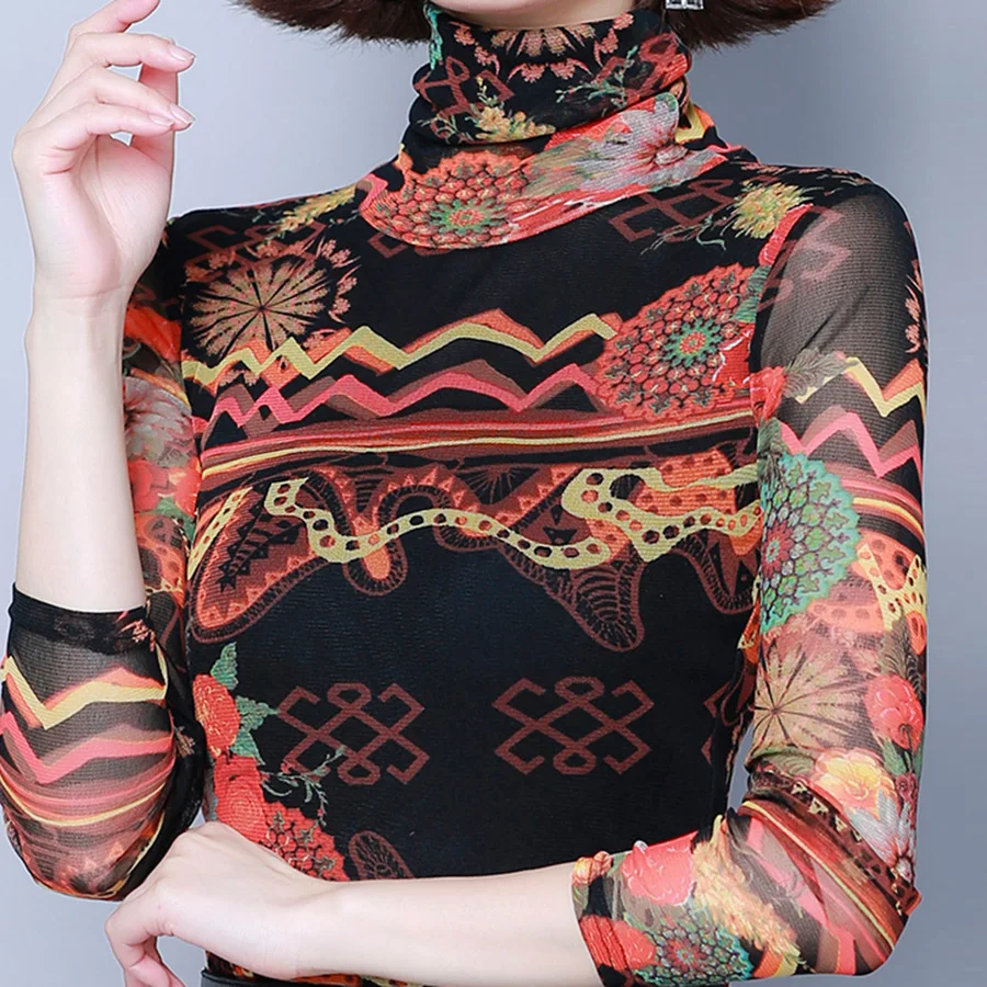 

2019 autumn printed stretch bottoming mesh shirt slim female long-sleeved t-shirt top plus size elegant Turtleneck women t shirt