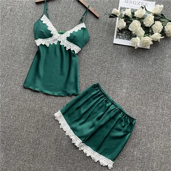 

Women Pajamas Satin Sleepwear Pijama Silk Home Wear Lace Home Clothing Chest Pads Spaghetti Strap Sleep Lounge Pyjama