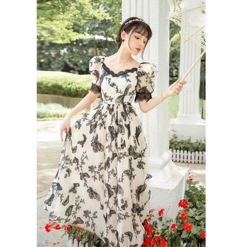 

2021 Fashion Designer Summer Puff Sleeves Dress Women Elegant Stereoscopic Butterfly Embroidered Mesh Black Dress