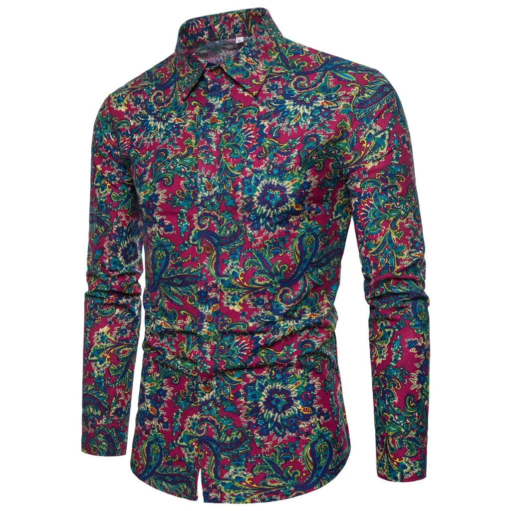 Camisa Masculina мужская повседневная полиэфирная печать винтажное тонкое платье с длинным рукавом рубашка блуза зеленые Топы 19July29 P30 - Цвет: RD