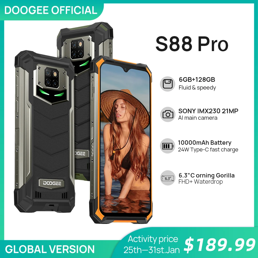 IP68/IP69K DOOGEE S88 Pro прочный мобильный телефон 10000 мАч на процессоре Helio P70 Octa Core 6 ГБ