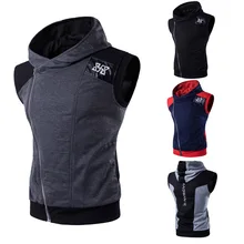 Лето; косая застежка на молнии; с капюшоном очаровательный жилет Молодежные Для мужчин Фитнес спортивные разноцветные жилет