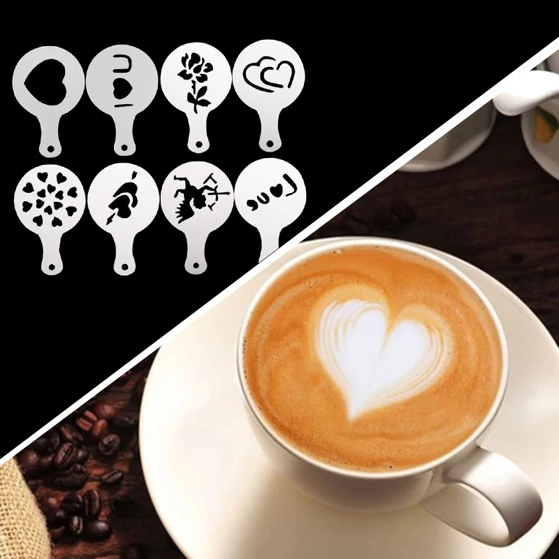 8ชิ้น/เซ็ตแม่พิมพ์กาแฟ Barista Stencils ศิลปะ Cappuccino Latte