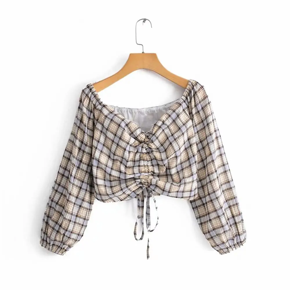 

ZA Women's Short Blouse with Short Shoulder Checker 2019 Spring and Summer New