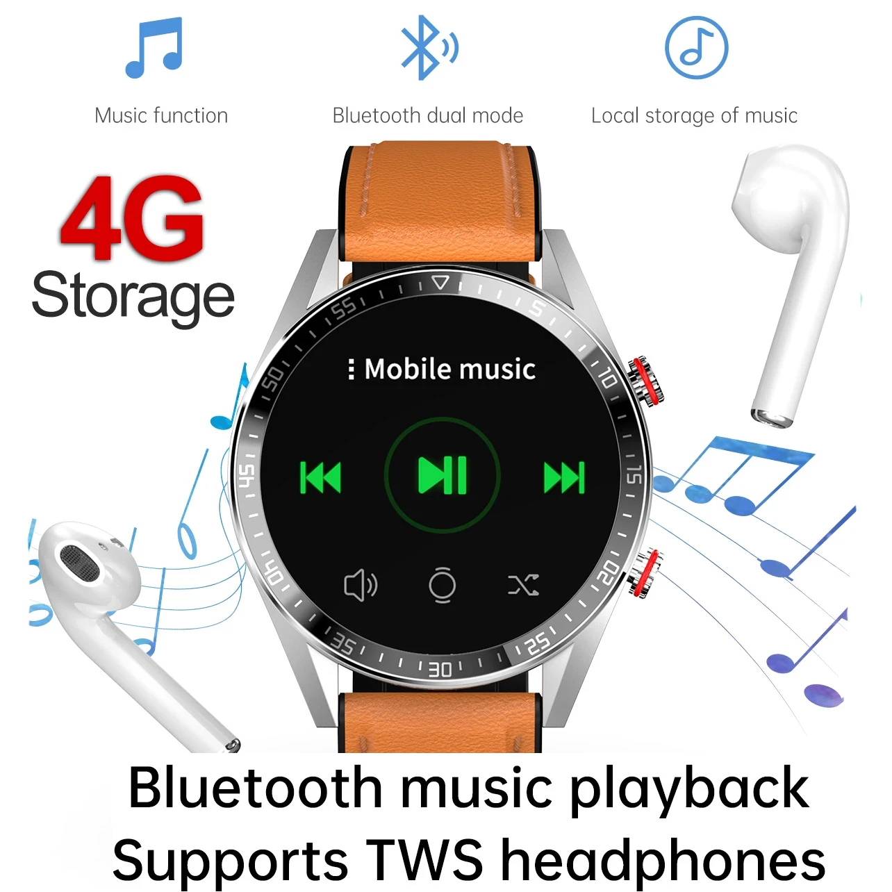 454*454 AMOLED screen smart watch Always display the time bluetooth call local music smartwatch for men Android TWS earphones