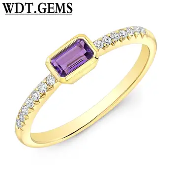 

10k Yellow Gold Emerald Cut Amethyst Diamond Stackable Ring Minimalist Statement