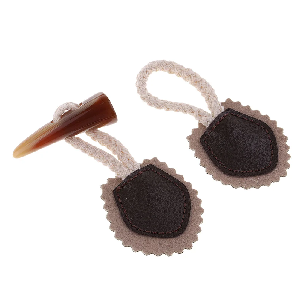 Khaki - 1 Pair Leather And HORN Toggle Button - Duffle Coat Clothes Fastener for Card Making, Scrapbooking Decor Embellishment