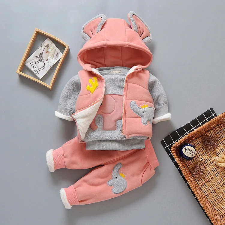 Winter Thicken Fleece Warm Kids Clothing 3 Piece Set Cartoon Elephant Patchwork Hooded Vest+Pullover+Pants Children Outfit 6M-4T
