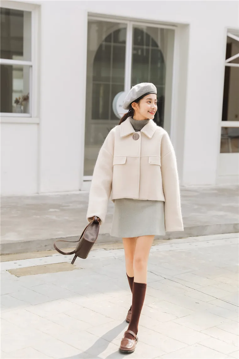 Ulzzang/839# зимняя новая стильная модная свободная короткая шерстяная куртка с отложным воротником