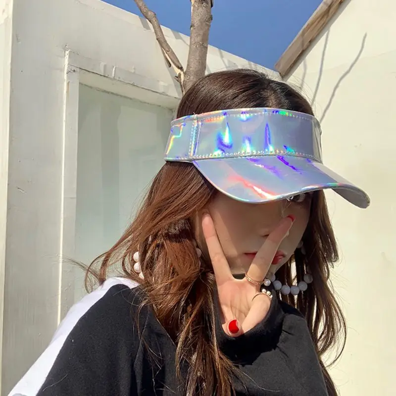 

Minimalist Unisex Faux Leather Empty Top Baseball Cap Metallic Rave Hologram Reflective Hip-Hop Wide Brim Adjusted Sun Visor Hat