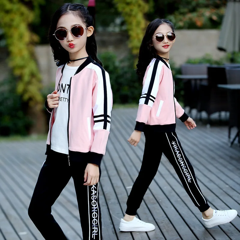 

Childrenswear 2019 Girls Spring And Autumn Big Boy Korean-style CHILDREN'S Sports Suit Fashionable Three-piece Set Zipper Little