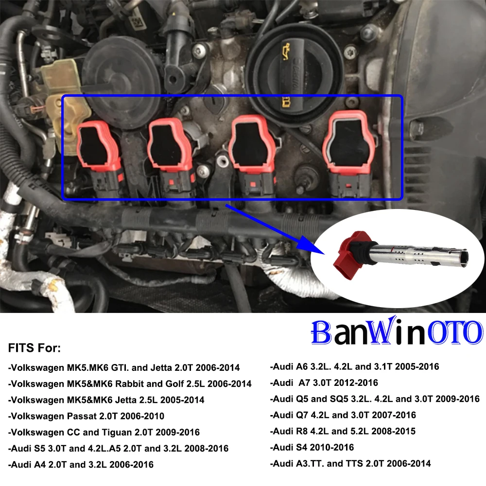Катушка зажигания 4 шт./компл. для VW Audi Jetta Golf Passat Tiguan CC A3/4/5/6/7/8 TT Q3/5 R8 06E905115D 06E905115 ABCDE