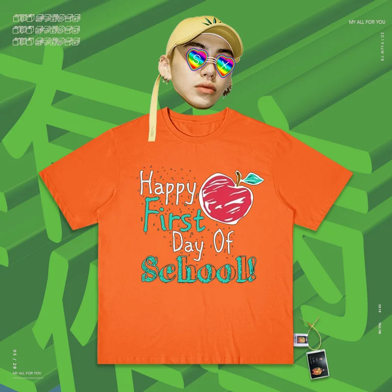 Для влюбленных платье ручной каракули Happt фрукты улица оригинальность Oldschool High Street древние означает короткий рукав Футболка для мужчин и женщин - Цвет: orange