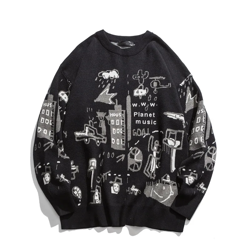 Mens Sweaters Autumn Winter Funny Print Cartoon Christmas Sweaters Men Loose Fashion Knitted Sweater Men Pullovers Jumpers - Цвет: Черный