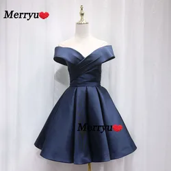Women's Off Shoulder Short  Satin Homecoming Dress Party Dresses Knee-Length Pleated A-Line Prom Dresses