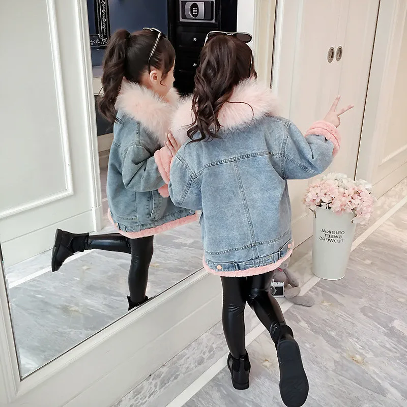 

Spring Winter Girl Coat Fur Jackets Warm Cowboy Clothing Kids Teenage Children Tops Plus Cashmere Thicken Pink Gray High Quality