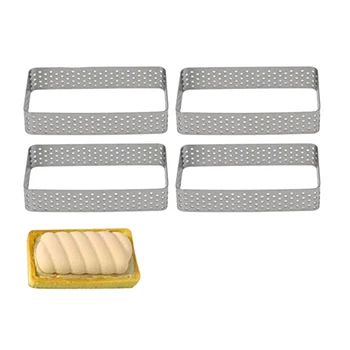 

4 Pack Stainless Steel Tart Ring Rectangular Cake Mold, Heat-Resistant Perforated Cake Mousse Ring, Pancake Cake Mould