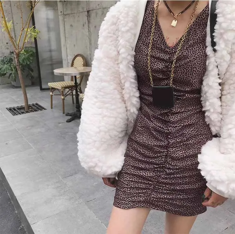 TXJRH Korea Sweet Hairy Shaggy Faux Lamb Fur Jacket Coat Fashion Women Keep Warm Long Lantern Sleeve Outerwear Top 2 Colors