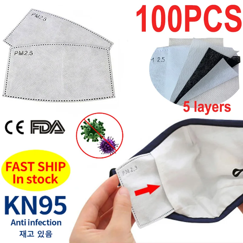 

100PCS KN95 Mask Filter for Face Mask Respirator PM2.5 Anti Dust Mouth Mask Filter Paper Pad Protective Masks White