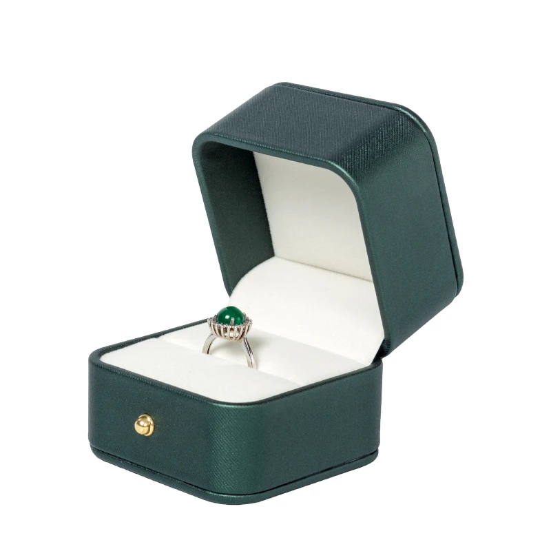 

2020 New Retro Green Pu Leather Flat Small Fine Lines Decorative Jewelryring Bracelet Necklace Set Box Built-in Beige Card Slot