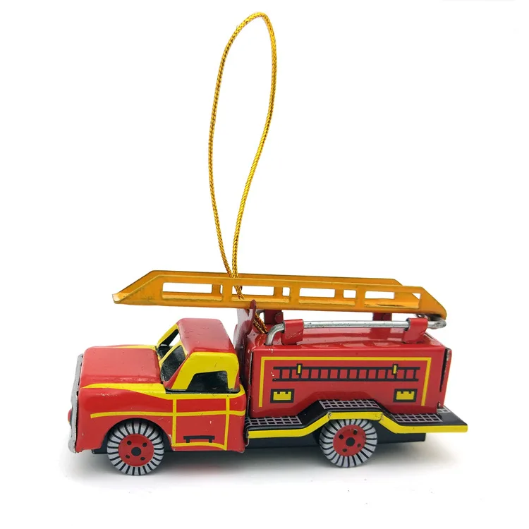 [Funny] Adult Collection Retro Wind up toy Metal Tin fire truck scaling ladder car pendant Clockwork toy model vintage gift