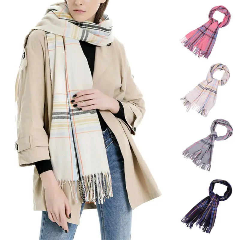 

2019 Winter Women Fashion Pashmina Plaid Warm Shawl Oversize Tassels Cashmere Wrap Long Scarves