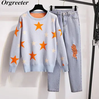 

High Quality Sweater and Denim Pants 2 Piece Set Women Fashion Plus size Stars Jacquard Jumper Tops and Hole Pencil Jeans Suit