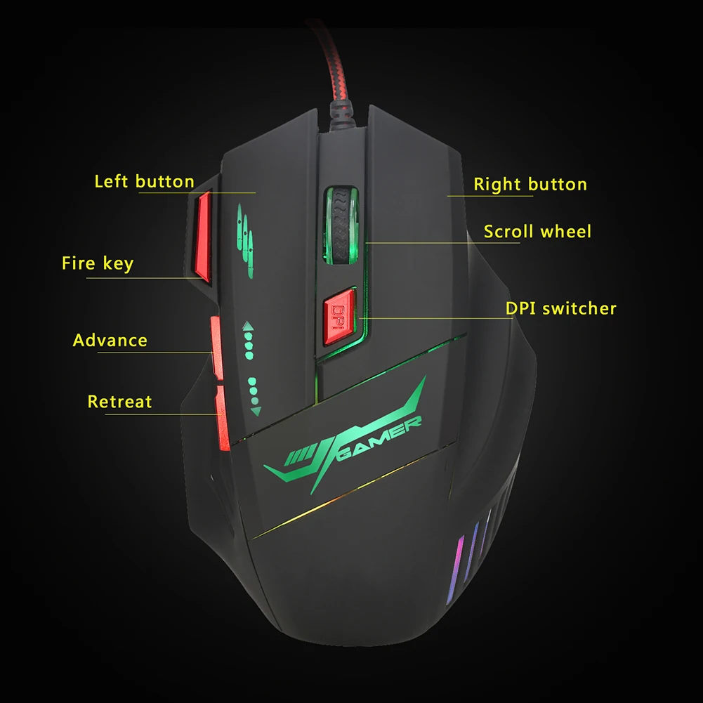 Светодиодный, оптическая, USB, регулируемая, проводная, RGB игровая мышь, 7 кнопок, 3200 dpi, 5500 dpi, для ноутбука, компьютера, Pro Gamer, игровая мышь