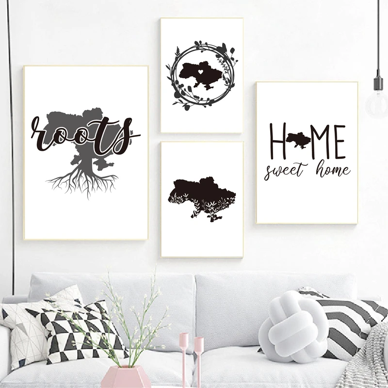 Картина с картой Украины милый домашний холст цитатой черно-белая Настенная