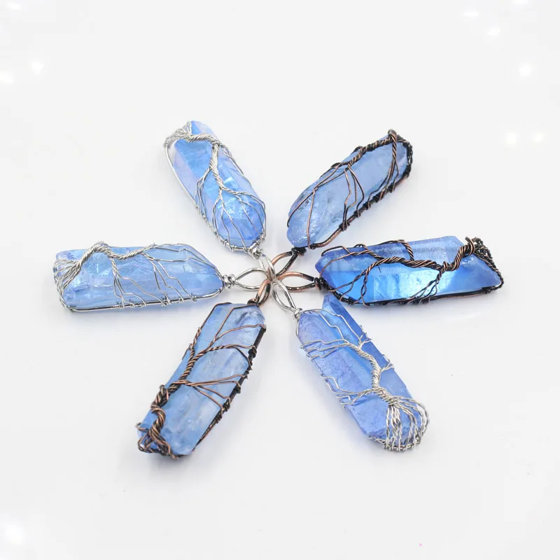 

Wholesale Blue White Crystal Quartz Dye Pendants Necklace Pendulum Natural Stone Reiki Charms Fashion Jewelry For Women Men
