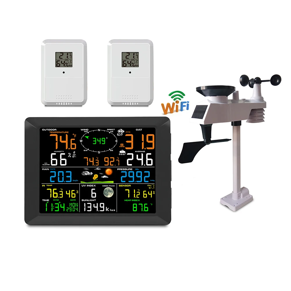 Weather Station wifi Digital Alarm Wall Clock Indoor Outdoor Temperature Humidity Pressure Anemometer Rain Gauge
