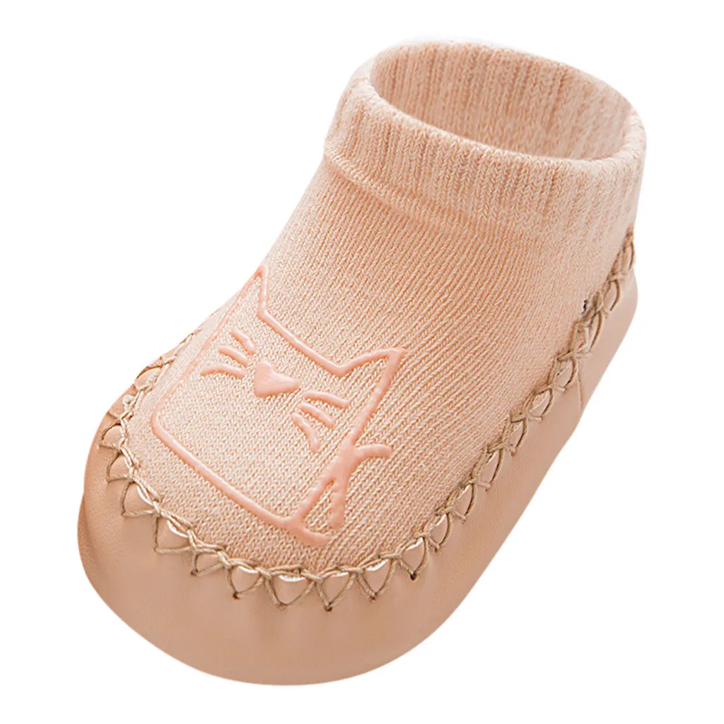 Носки-тапочки с рисунком для новорожденных мальчиков и девочек милые зимние теплые Нескользящие Повседневные носки для малышей 0-14 месяцев - Цвет: Бежевый