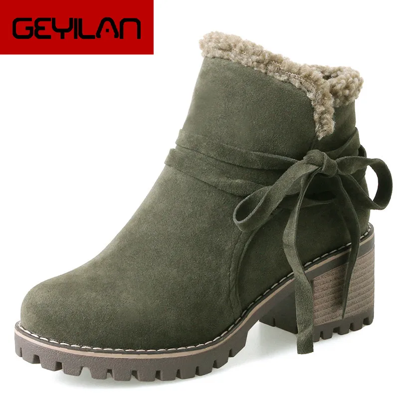 

platform ankle boots for women new round toe high heel 6cm lace up Martin boots army green Square heel women's shoes 966