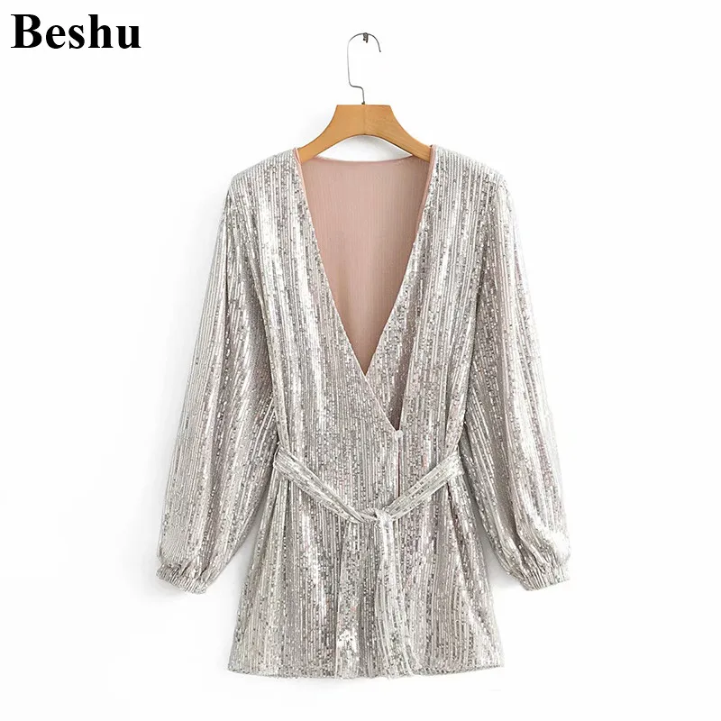 

za 2019 sequin dress v-neck with sash sexy dress women vestido de festa mini stylish vestido mujer