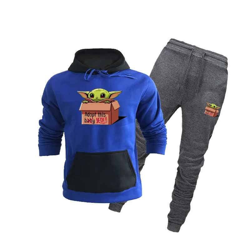 Deals Olevo Men's Sports Hoodies Suit Star War Yoda Printed Tracksuit Hooded Korean Sweatsuit Drawstring Sweatpants 2 Piece Jogger Set