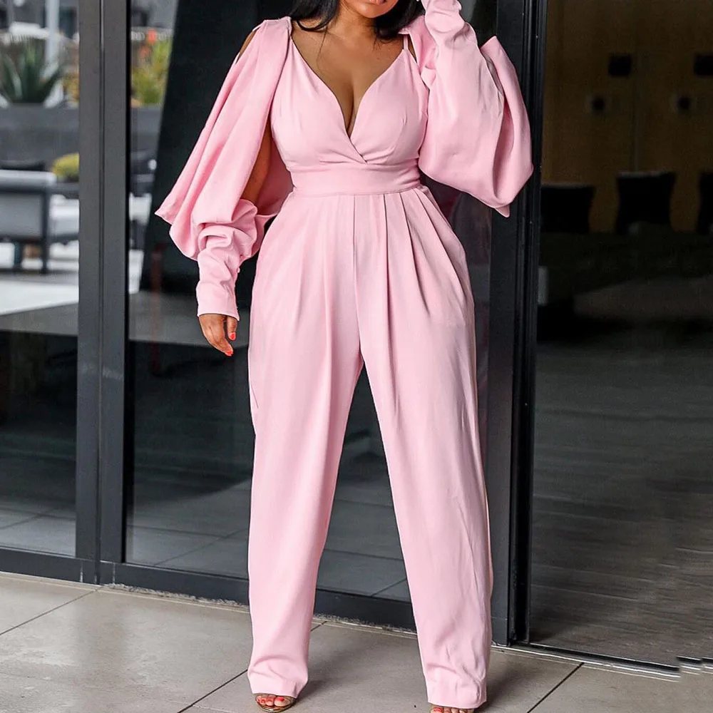White Pink Elegant Wide Leg Women Jumpsuit Rompers Sexy V Neck Backless High Waist Long Sleeve Office Ladies Party | Женская одежда