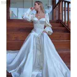 YiMinpwp Ivory Prom Dresses Sweet Heart Puff Sleeve Sweep Train Satin Like Silk Formal Women Evening Party Dress Vestidos