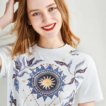 

HAVVA 2020 Summer New Awat Combed High-count Cotton Digital Star Print Short-sleeved Women's T-shirt T4727