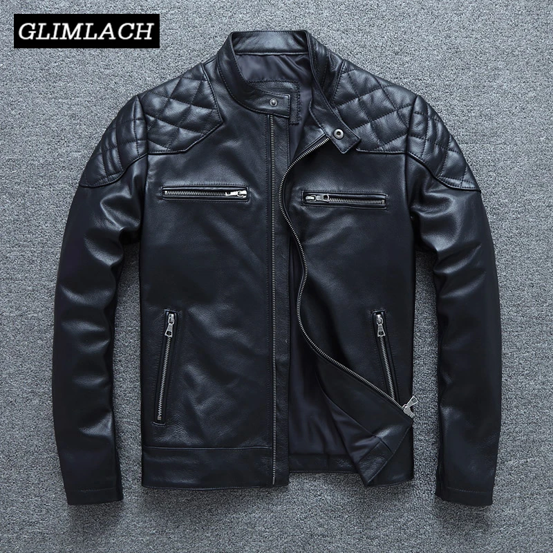 

Black Classic Motorcycle Jackets Men Natural Real Leather Jacket 100% Cowhide Moto Biker Genuine Cow Leather Coat Autumn Male