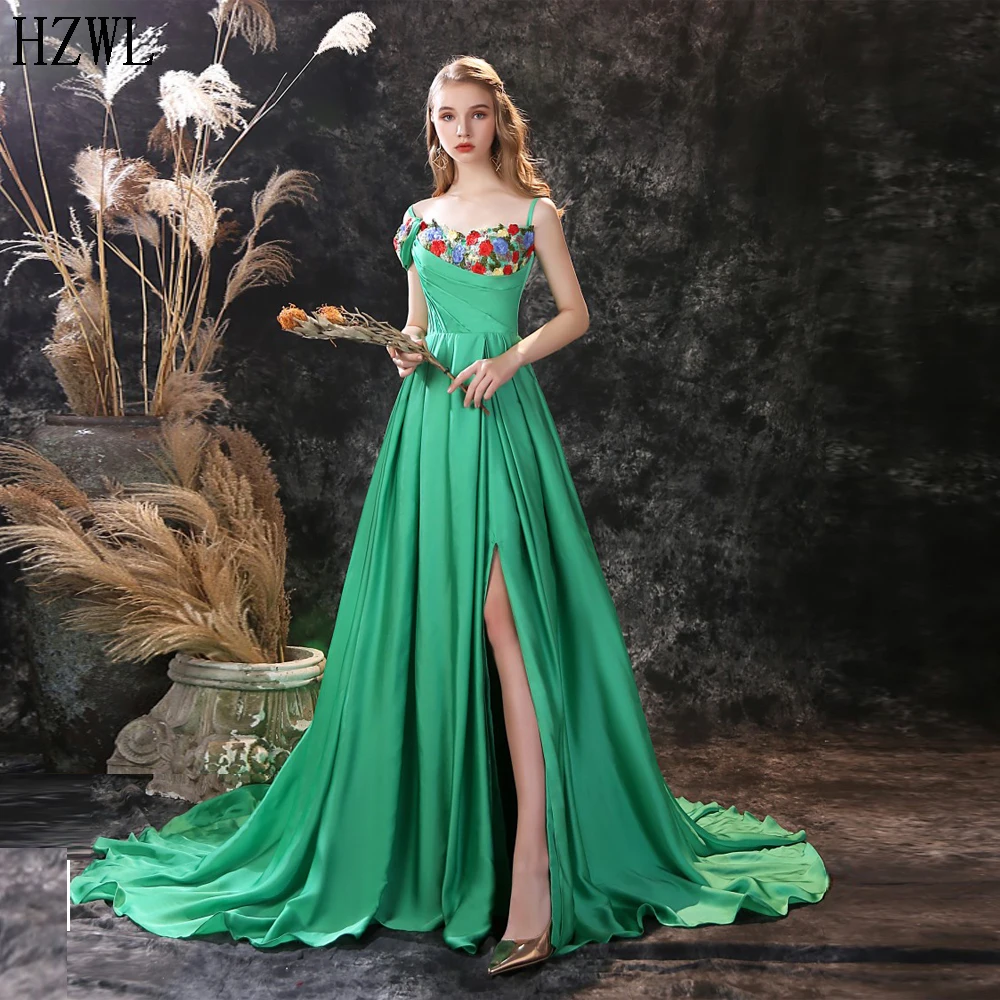 

Real Image Green Satin Chiffon Evening Dresses High Split Embroidery Neckline Prom Dress Party Gown Zipper Back robe de soirée