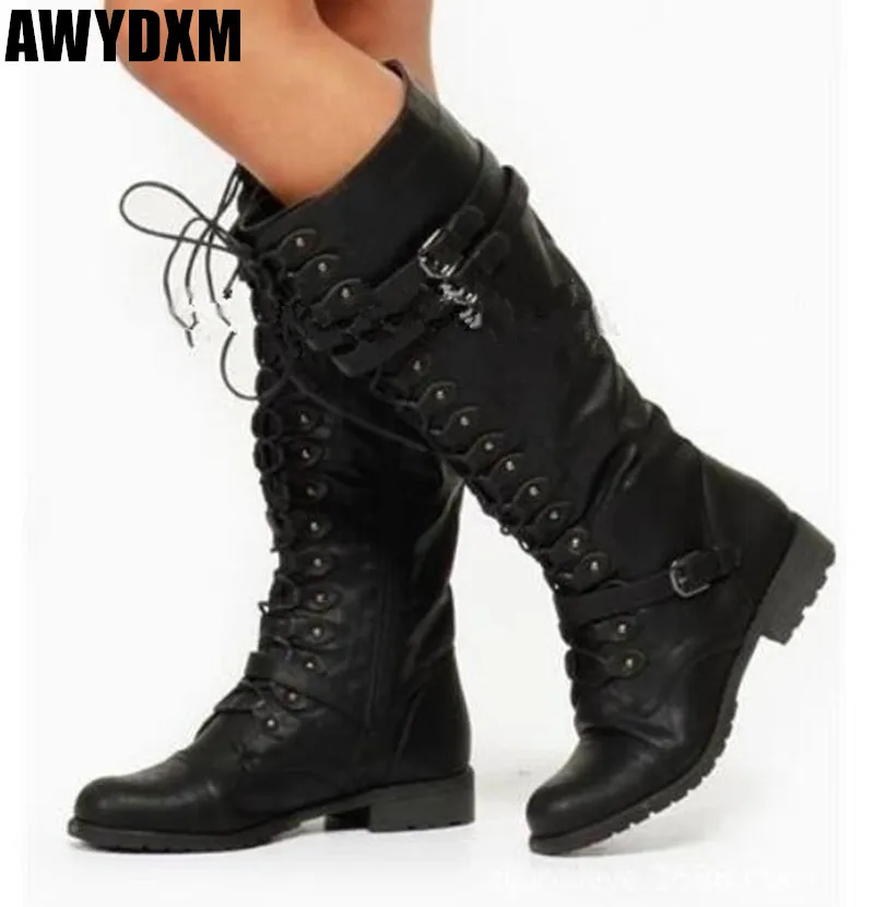 

Knee High boots women shoes autumn winter PU leather lace up casual Cross strap Motorcycle boot long snow boots Mujer botas 1291