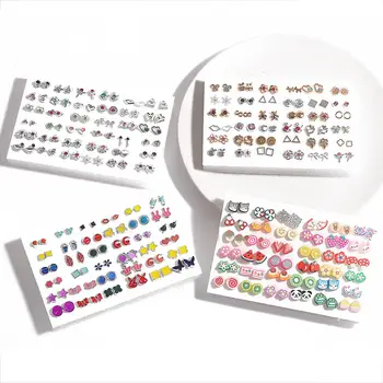 36Pairs Earrings Mixed Styles Crystal Rhinestone Sun Flower Geometric Animal Plastic Stud Earrings Set For Women Girls Jewelry